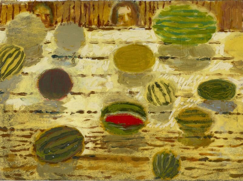 Painting of a table covered in different shaped melons, with two heads peeping over the top