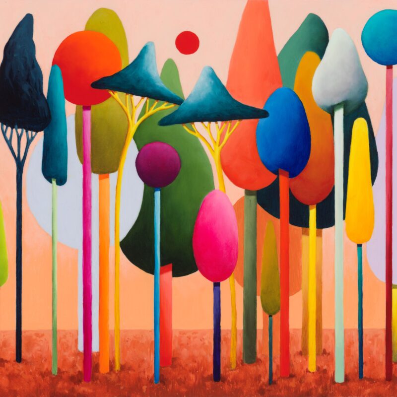A painting showing brightly coloured trees against an orange background