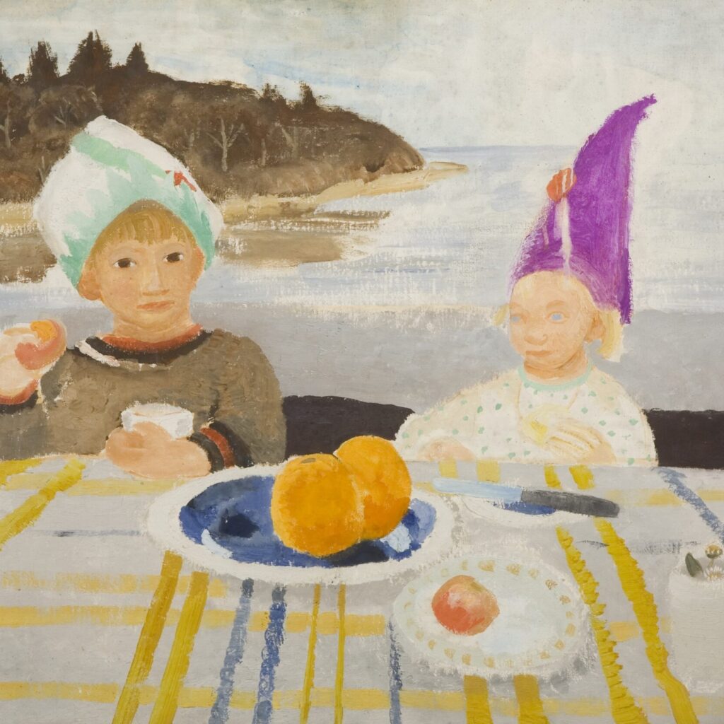 A painting of a young girl and boy sitting at a table with the sea in the background