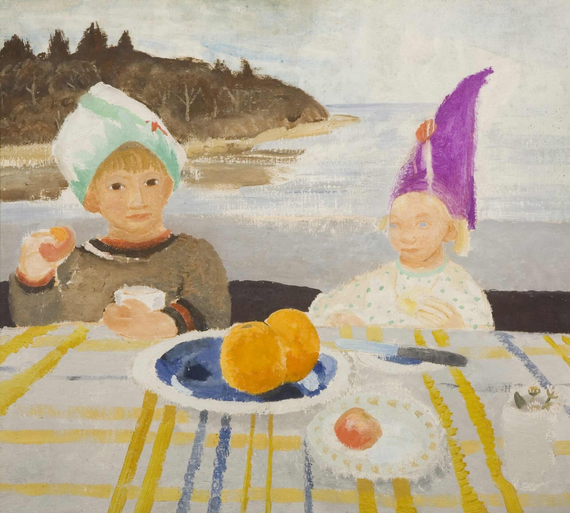 A painting of a young girl and boy sitting at a table with the sea in the background
