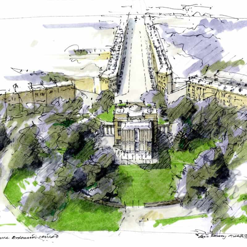 Architect drawing with colour of the back of the Holburne museum and Great Pulteney Street