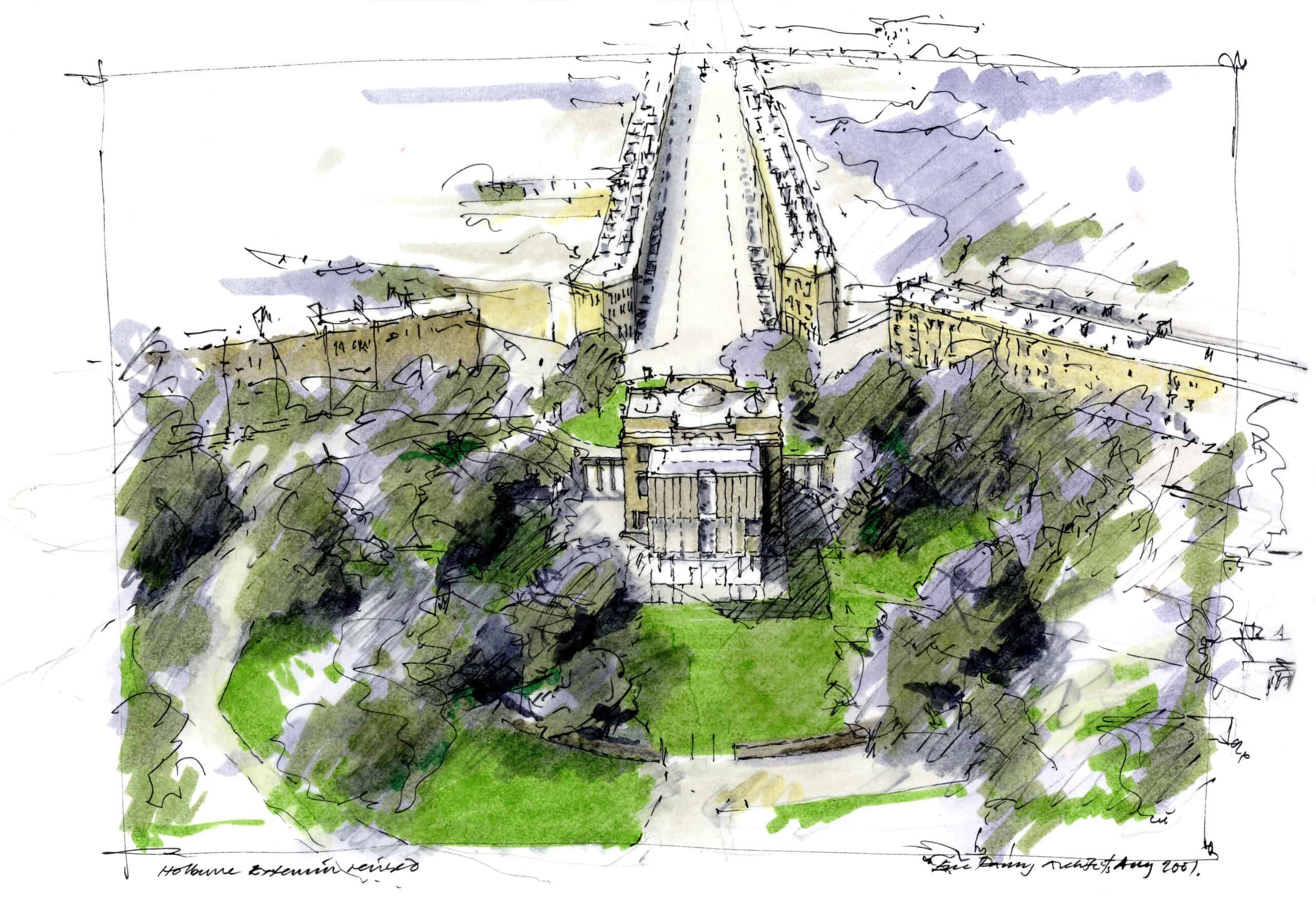 Architect drawing with colour of the back of the Holburne museum and Great Pulteney Street