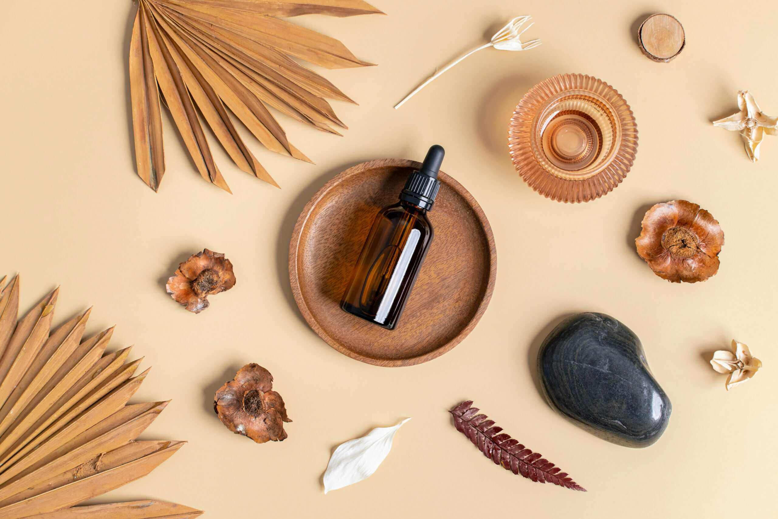 An array of aromatherapy equipment including oil bottles and dried leaves