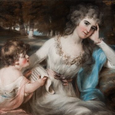 Lady in 18th century dress resting her head on her hand, with other arm extended to a child and woodland behind