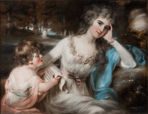 Lady in 18th century dress resting her head on her hand, with other arm extended to a child and woodland behind