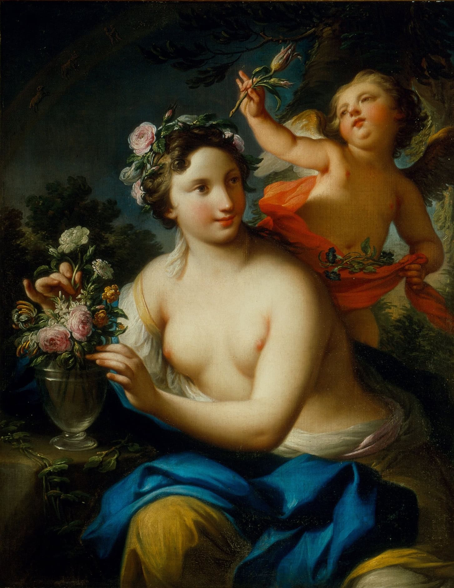 Painting showing a nude female figure arranging spring flowers while a cherub behind her places a tulip in her hair