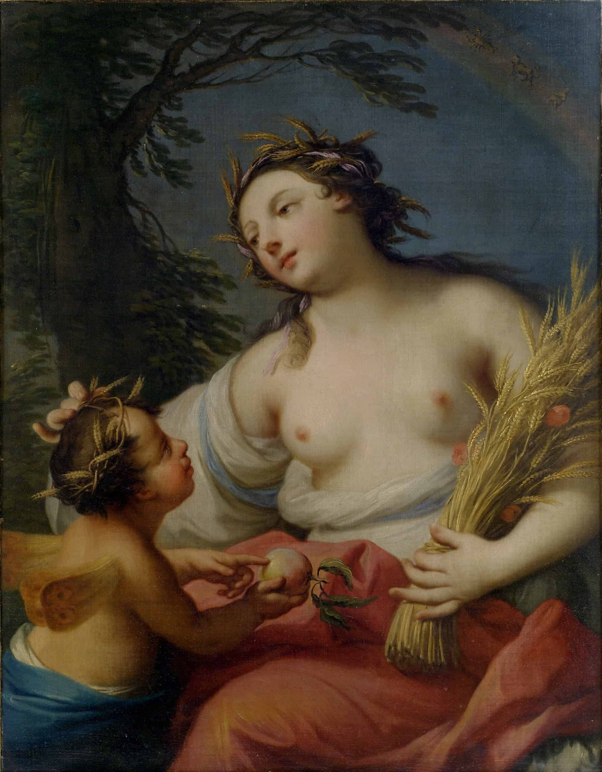 Painting showing a nude female figure holding a sheaf of corn with a blue sky and large tree behind her