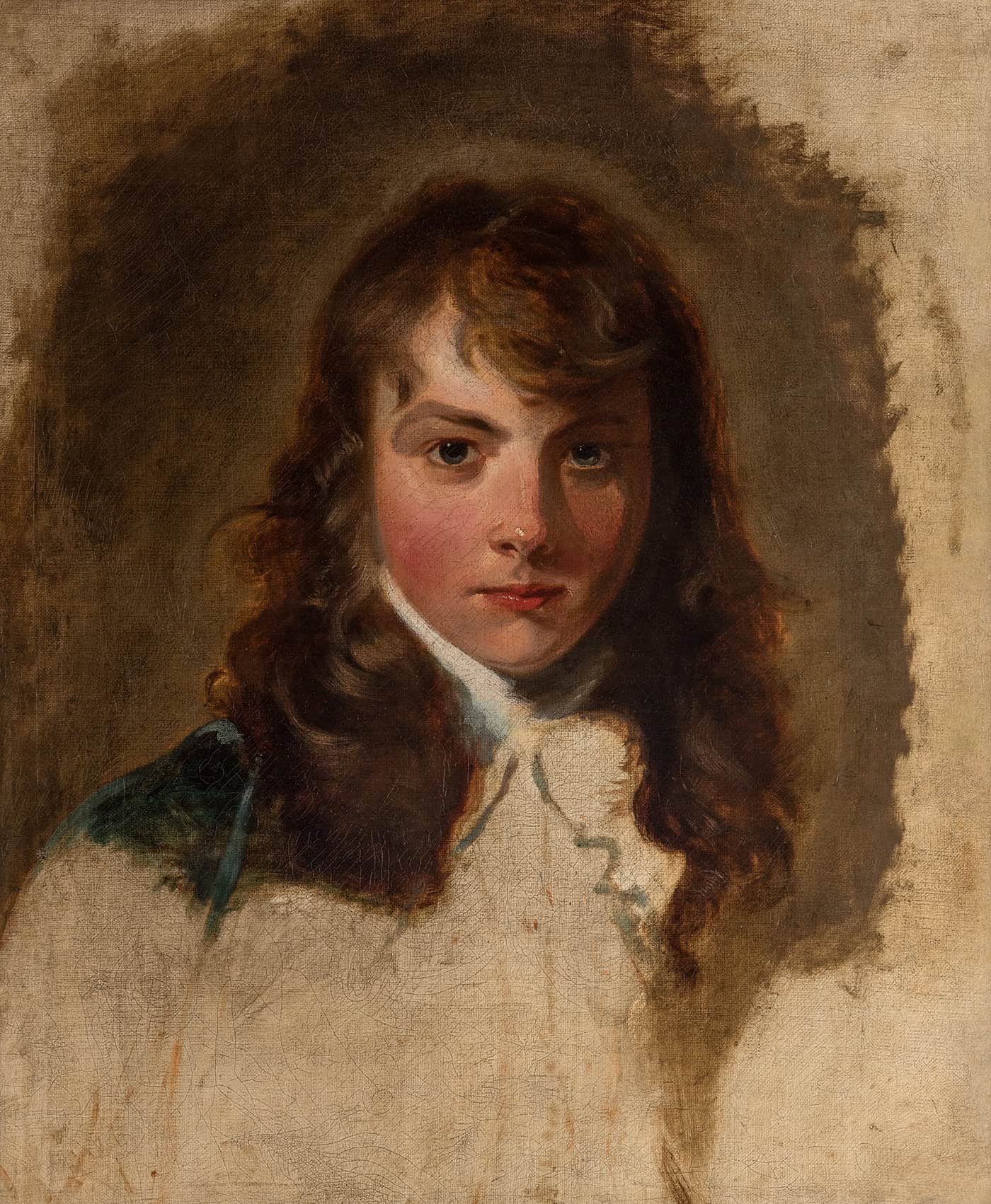 Painting showing a young man looking directly out at the viewer. The painting is an unfinished study, with rough painted edges.