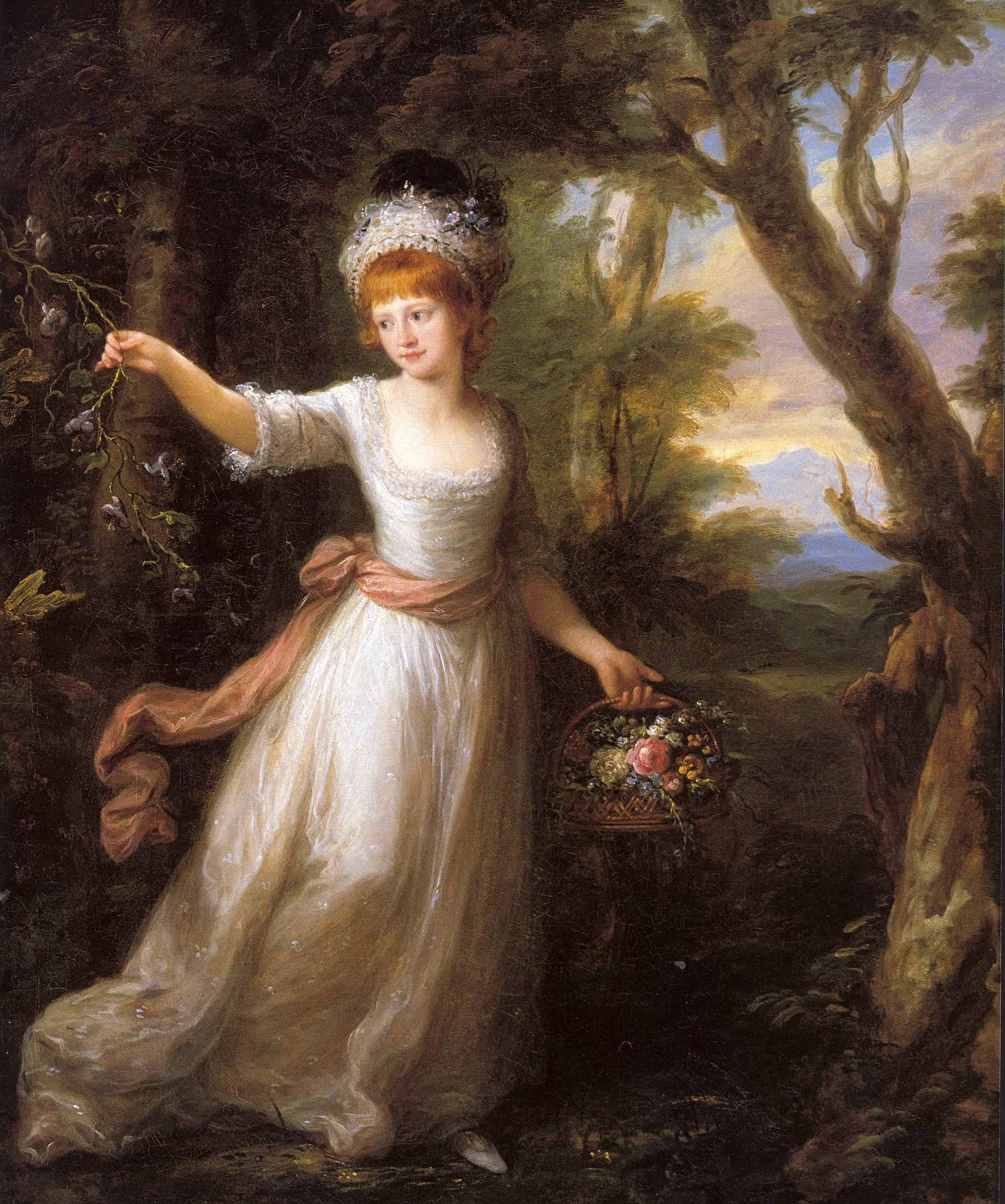 Painting showing a girl in a white dress and pink sash, with a landscape scene behind her