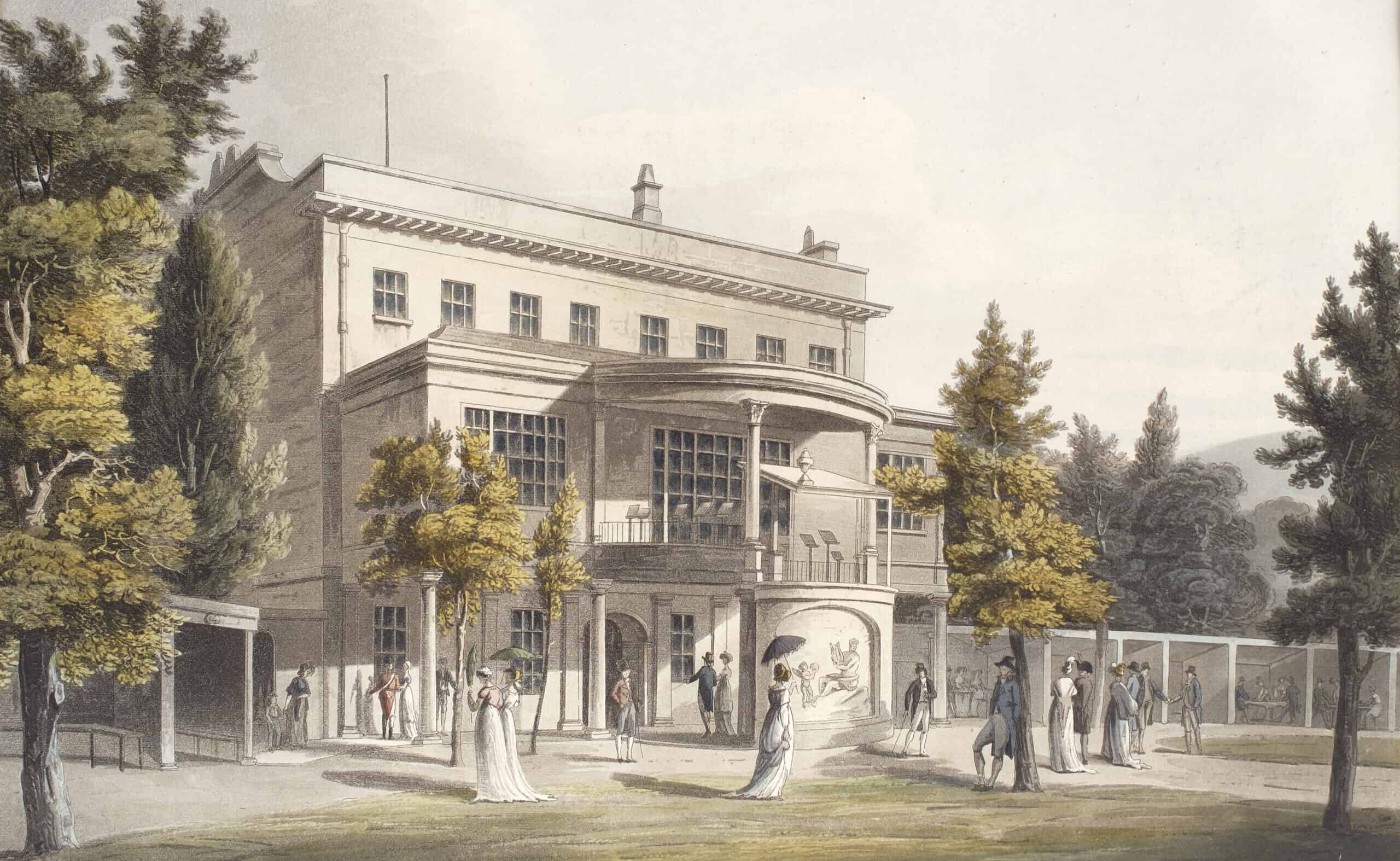A watercolour painting showing the outside of the Holburne's building in the 18th century, with people in historical costume strolling in the gardens