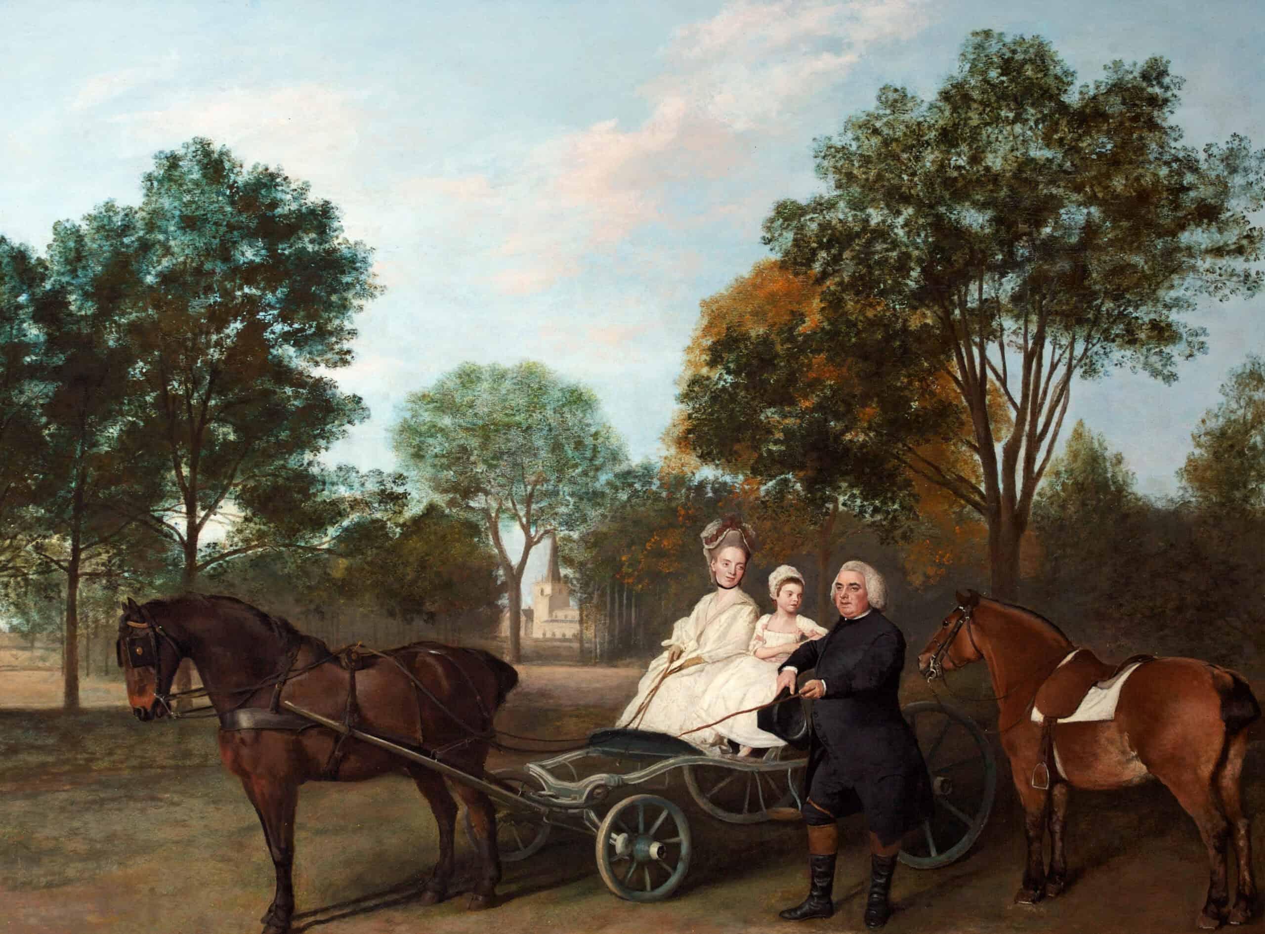 Painting showing cart being pulled by a horse in the countryside. A lady and her daughter sit in the carriage wearing white dresses while a man stands next to them carrying his hat.