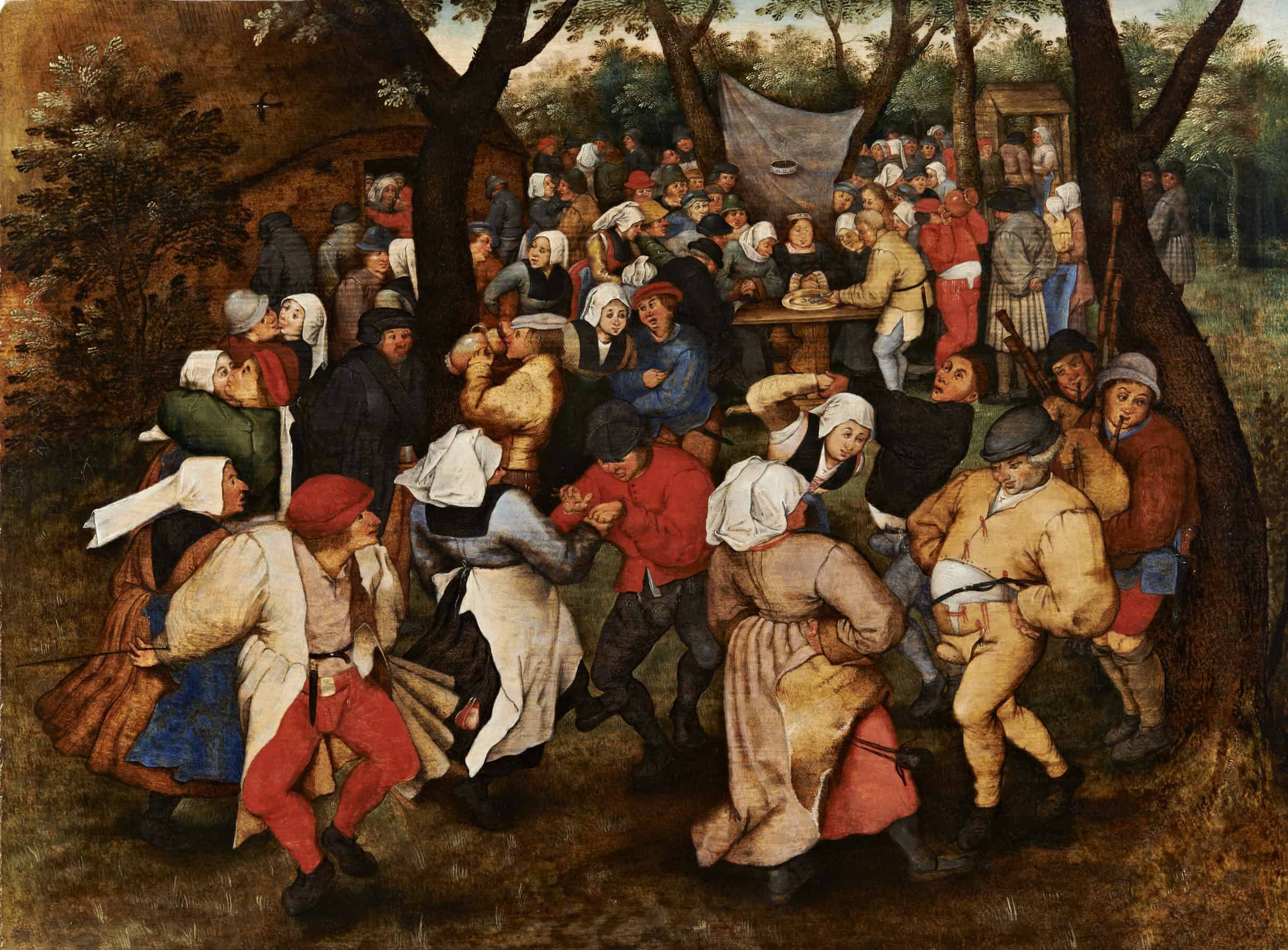 In a clearing at the edge of a village, a wedding celebration is taking place. The bride is seated at the table in the upper right, before a cloth of honour. Dressed in a traditional square-necked black wedding dress, she surveys the platter of coins before her while a notary keeps record. In the foreground the guests dance, drink and embrace each other enthusiastically.