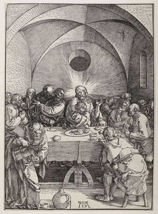 Christ sitting in the middle of the table surrounded by his disciplines for the last supper
