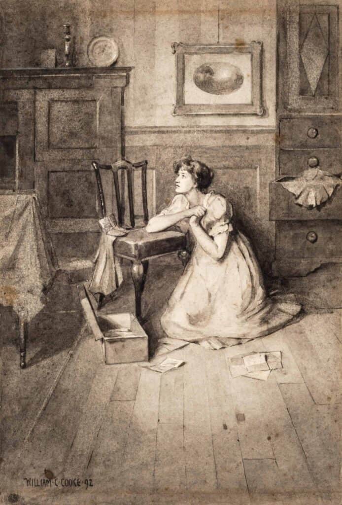 Lady sitting on the floor with her hands clasped, looking upward
