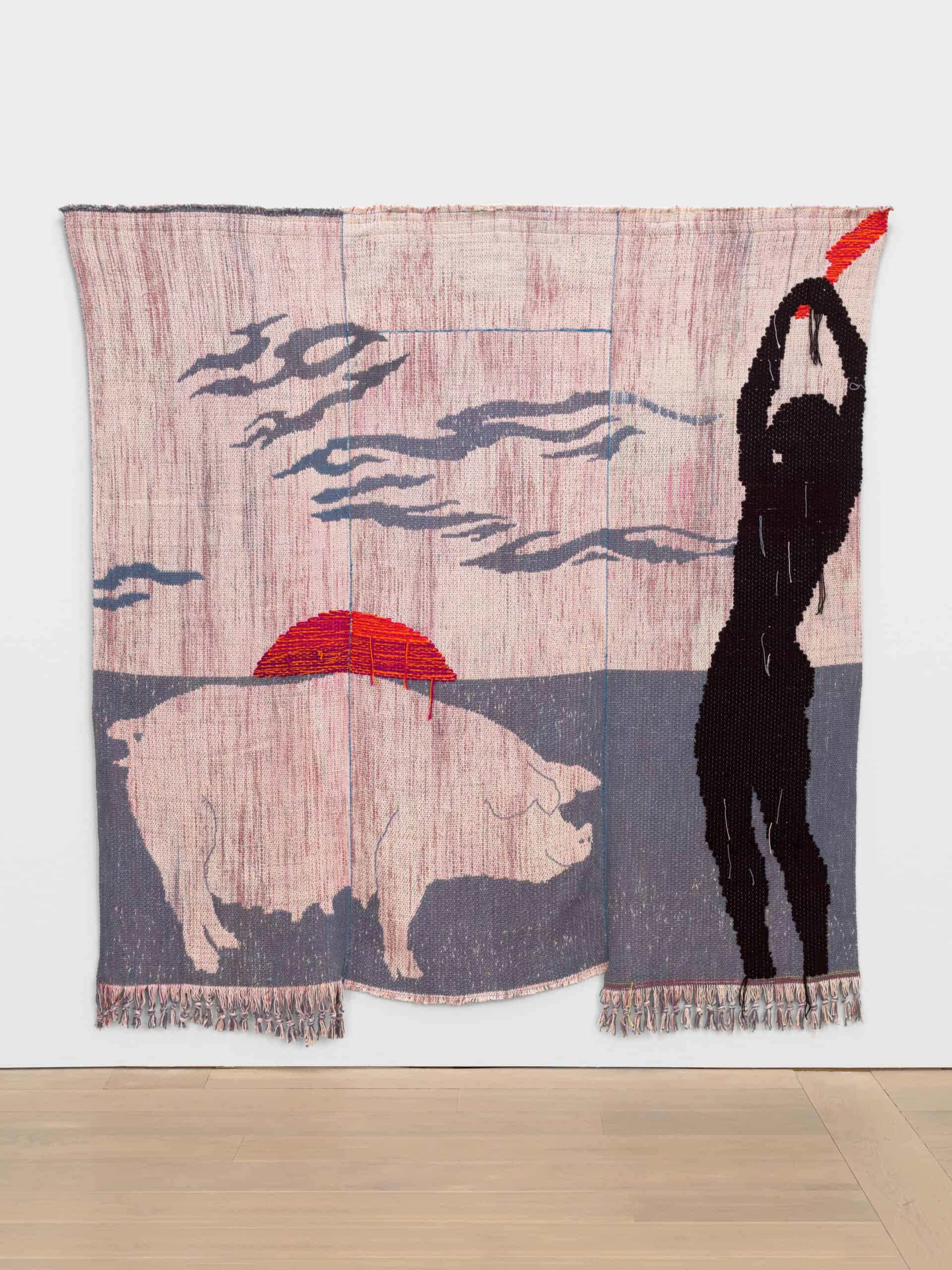 A tapestry with a silhouette holding a knife in the air, over a pig with a setting sun behind it
