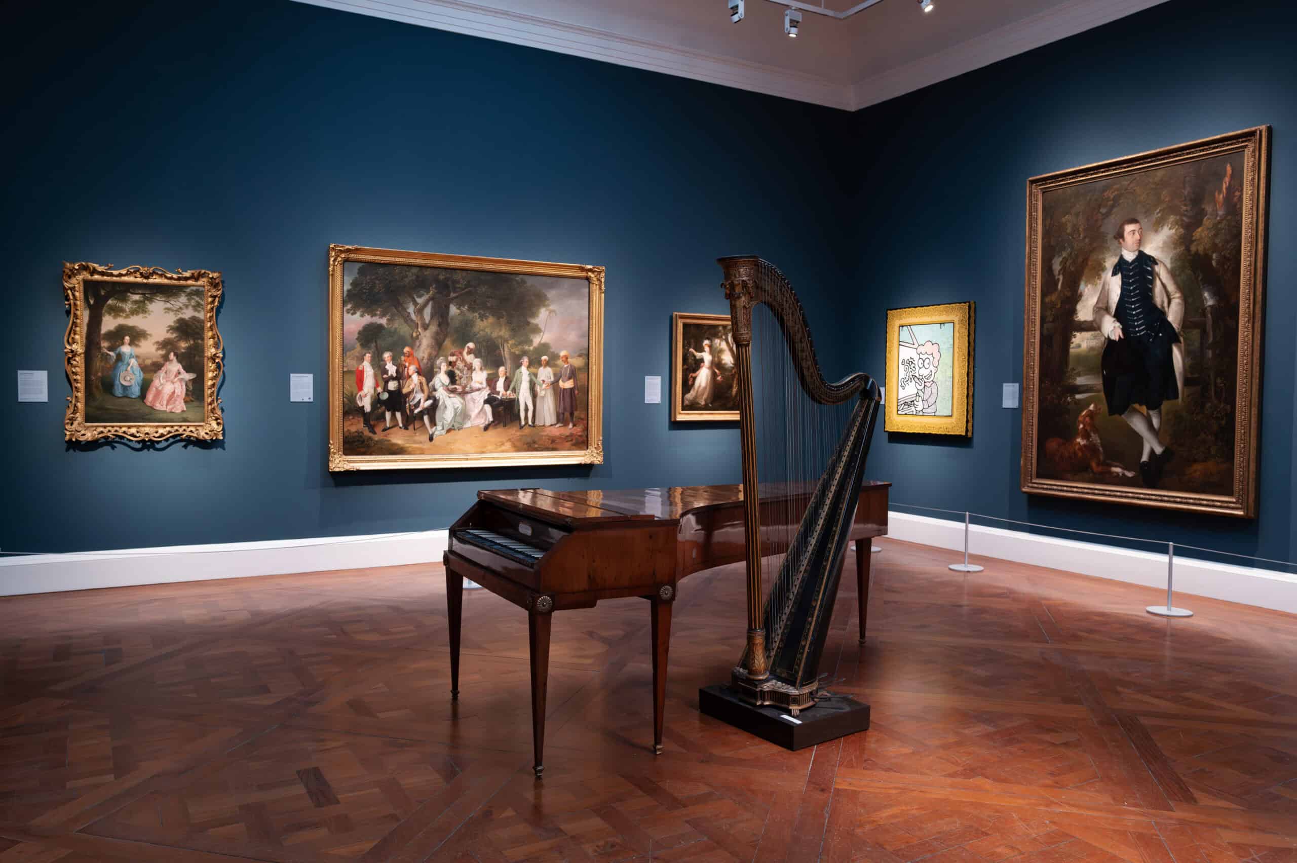 Photo showing an 18th century fortepiano and harp in a gallery of paintings at the Holburne Museum.