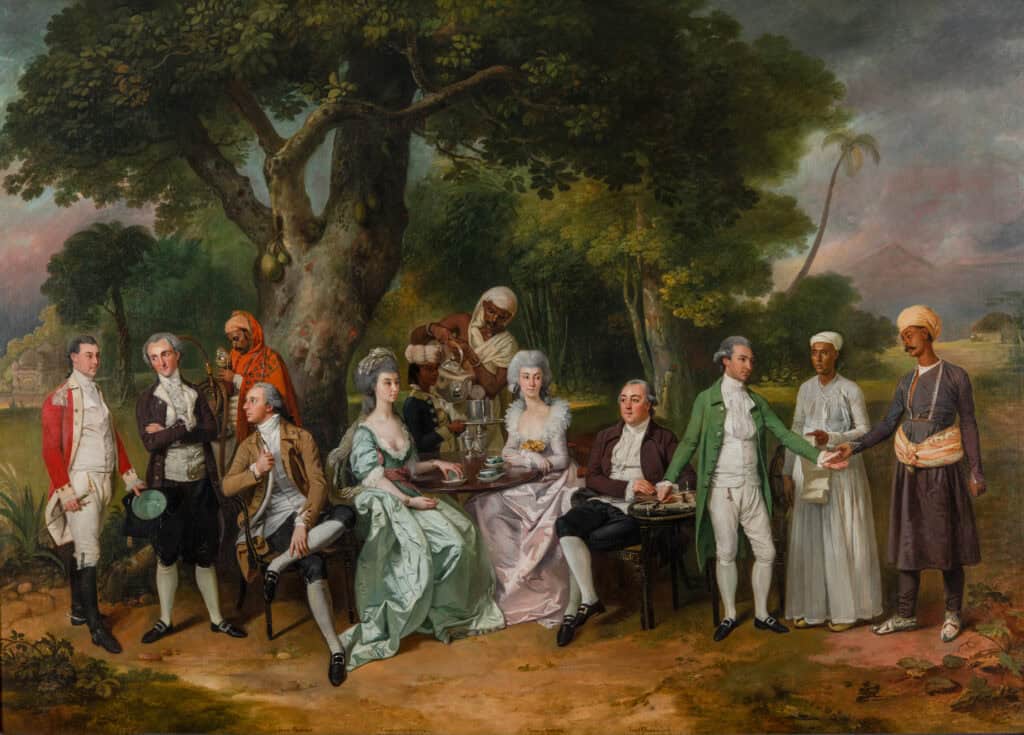 Painting showing a family group sitting under a tree being served drinks