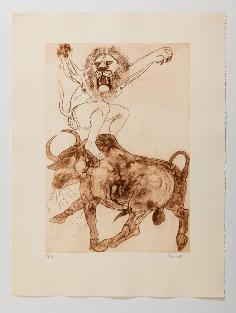 A sepia drawing of a human with a lion head roaring crouched on top of a bull