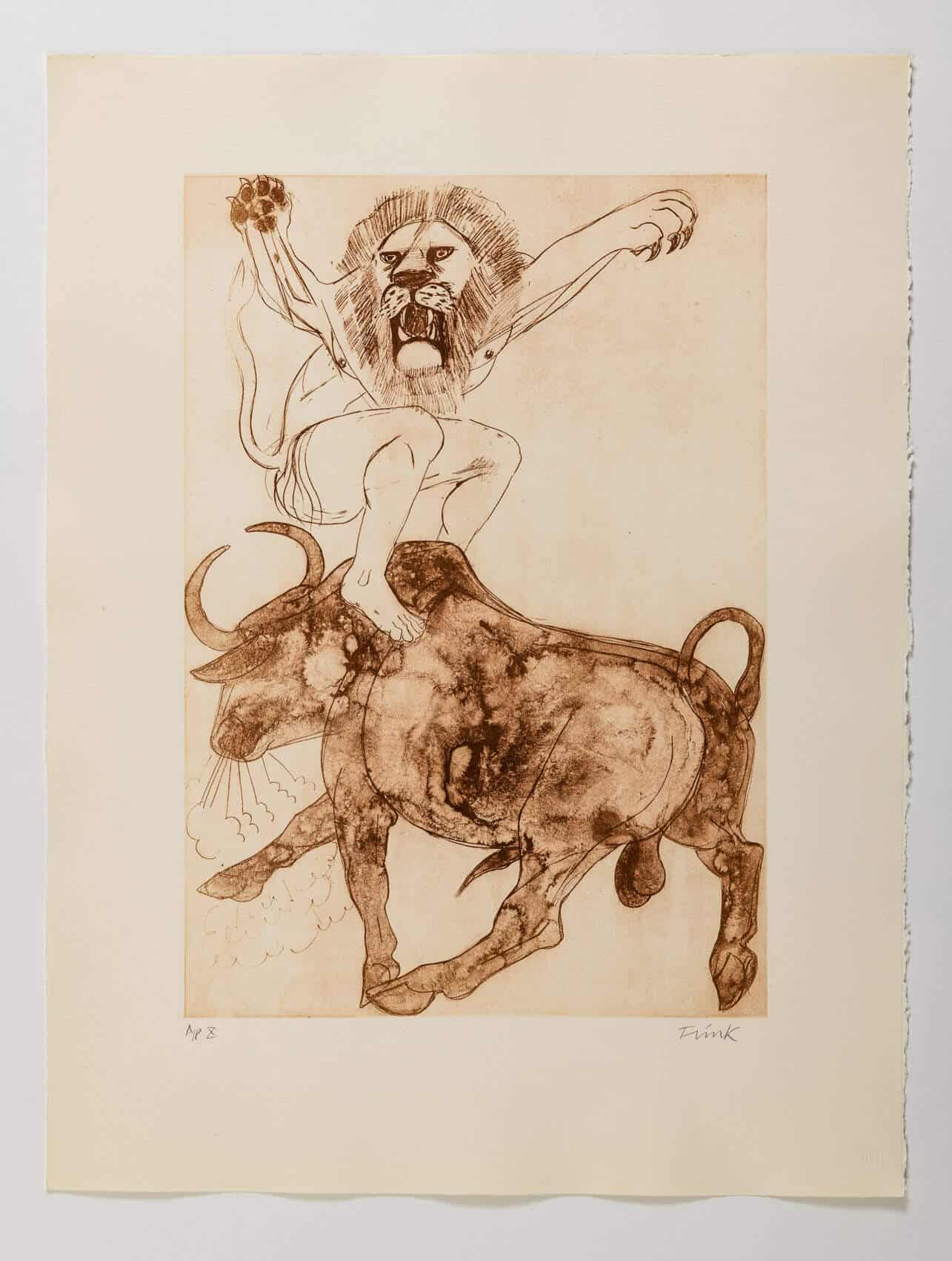 A sepia drawing of a human with a lion head roaring crouched on top of a bull