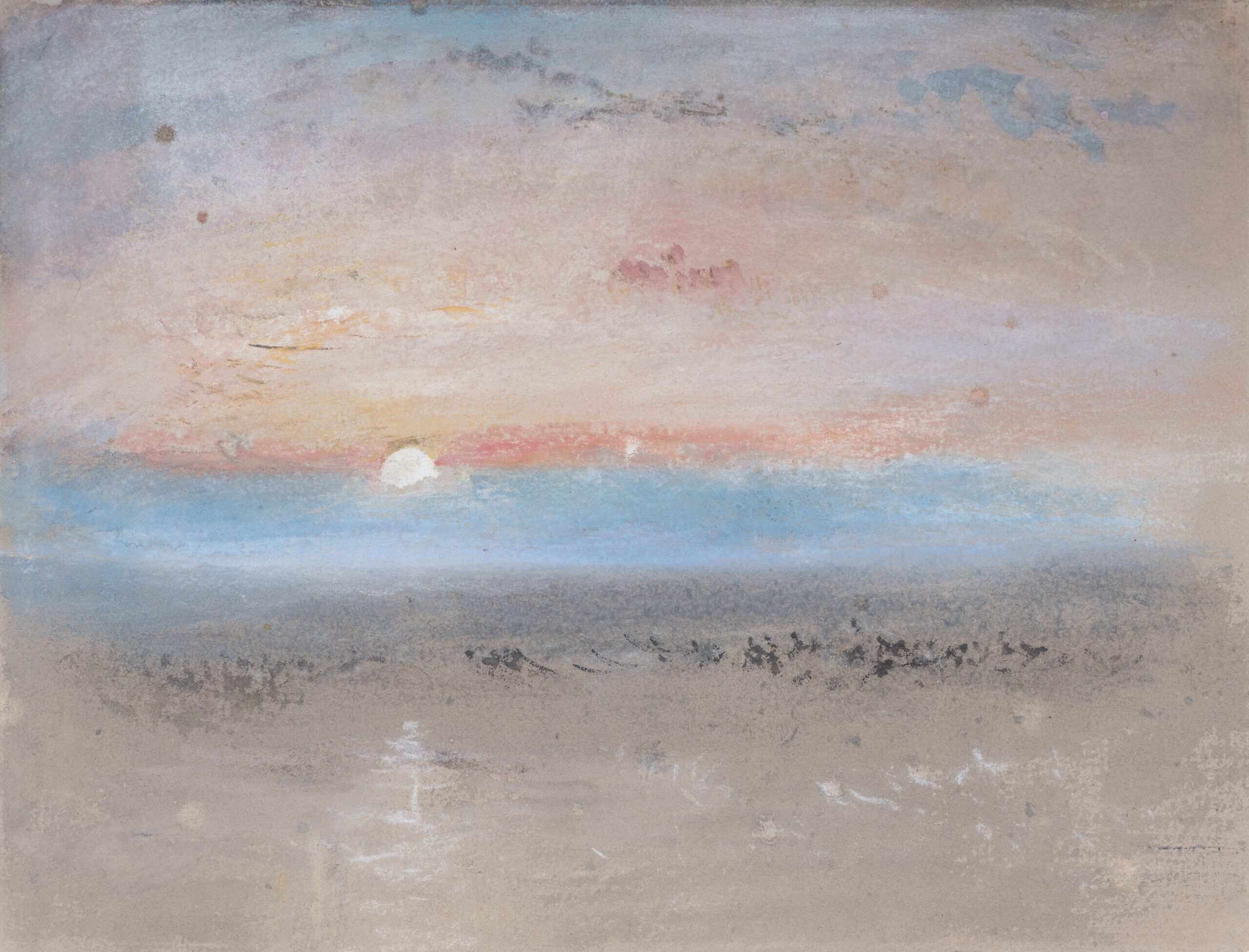 A pastel sunset with a pink sky, blue middle strip, and beige foreground