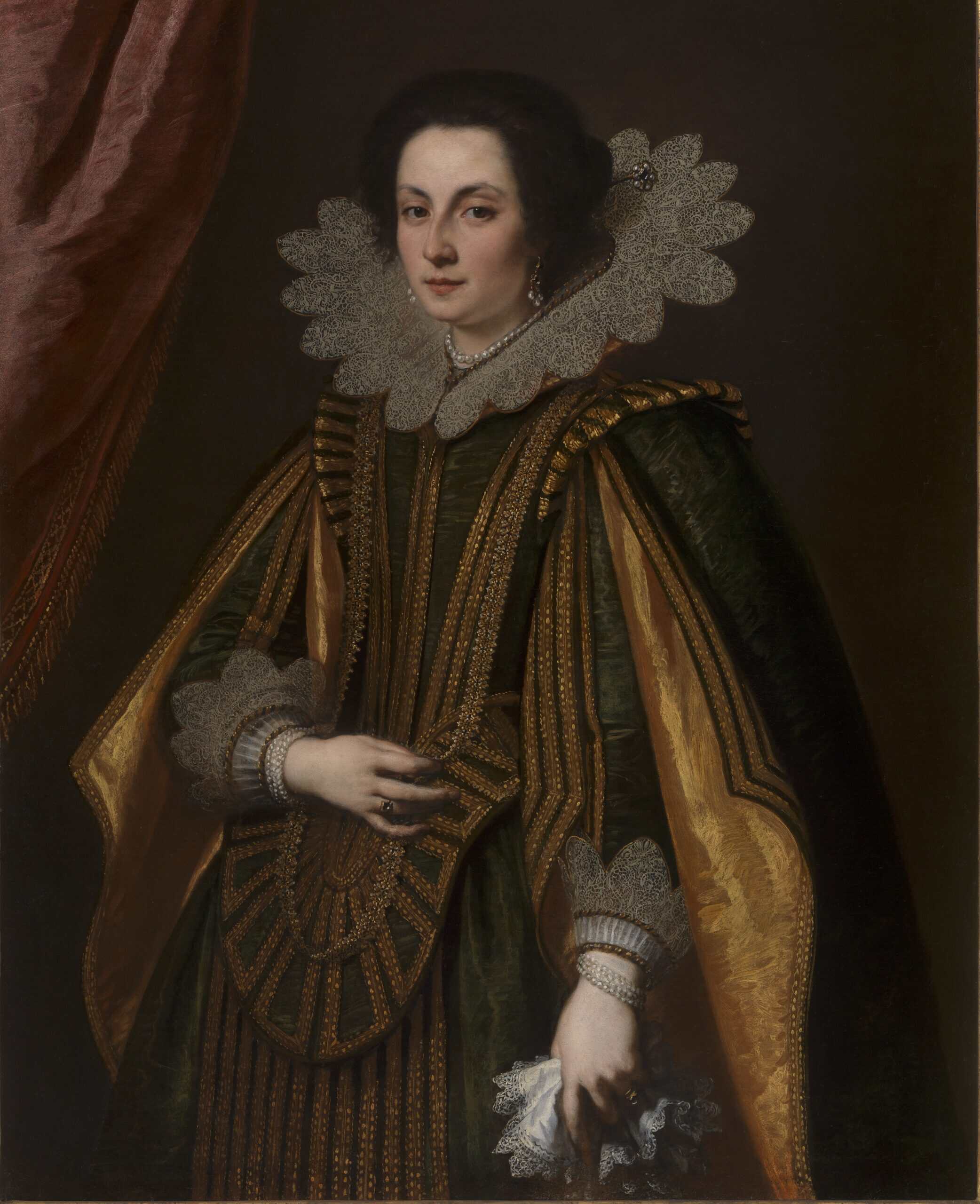 Painting of a lady with dark hair wearing a richly decorated black dress with gold trim, an ornate ruff around her neck and wrists, and pearl jewellery.