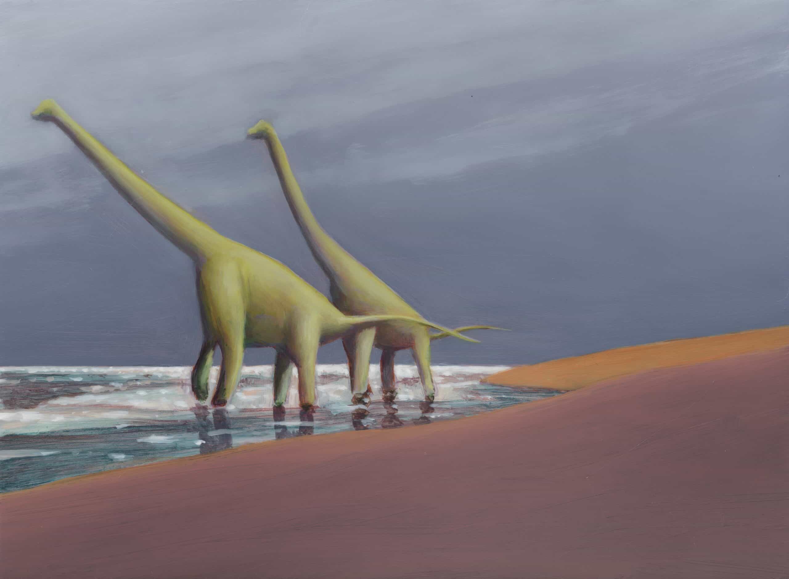 Two long-necked dinosaurs on a beach