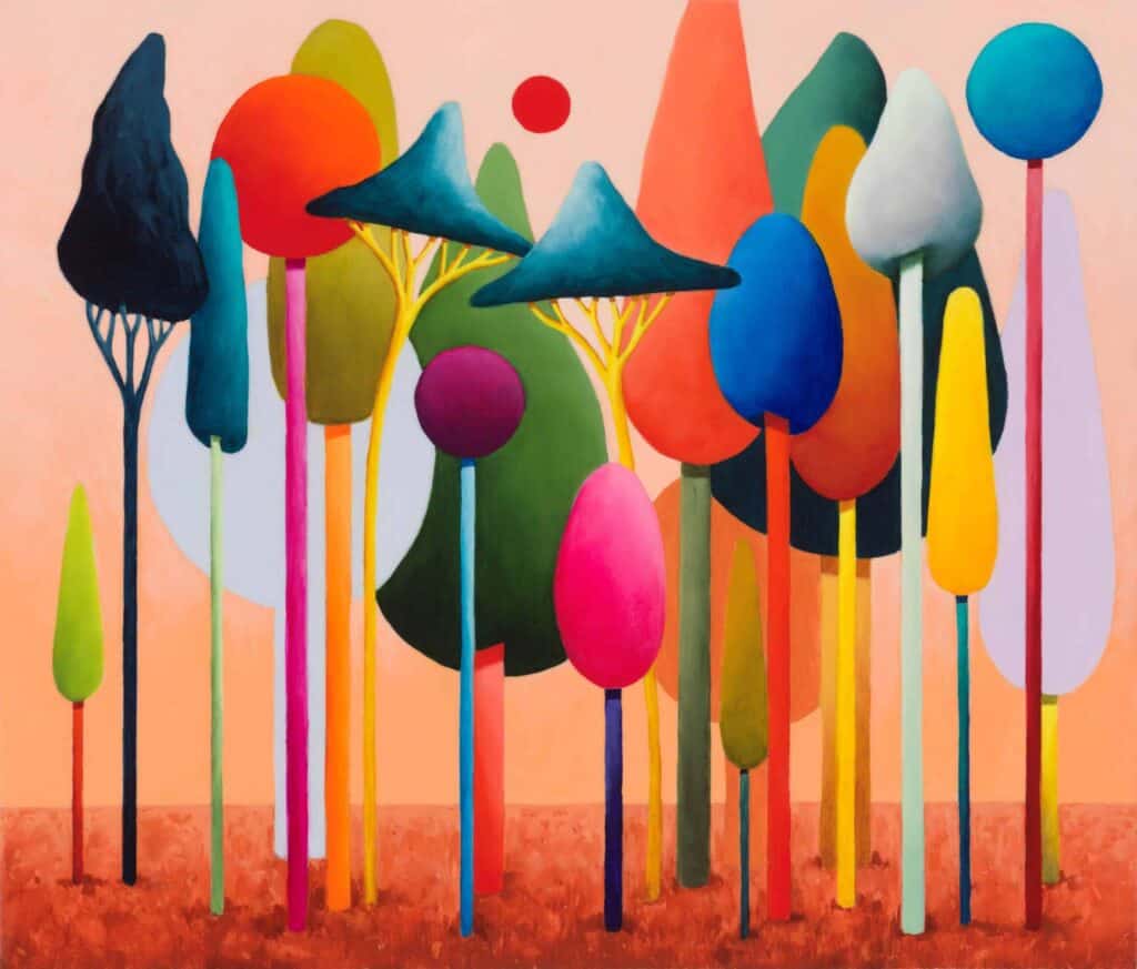 Very colourful trees like different shaped balloons on a thin stem, of differing heights, on an orange background