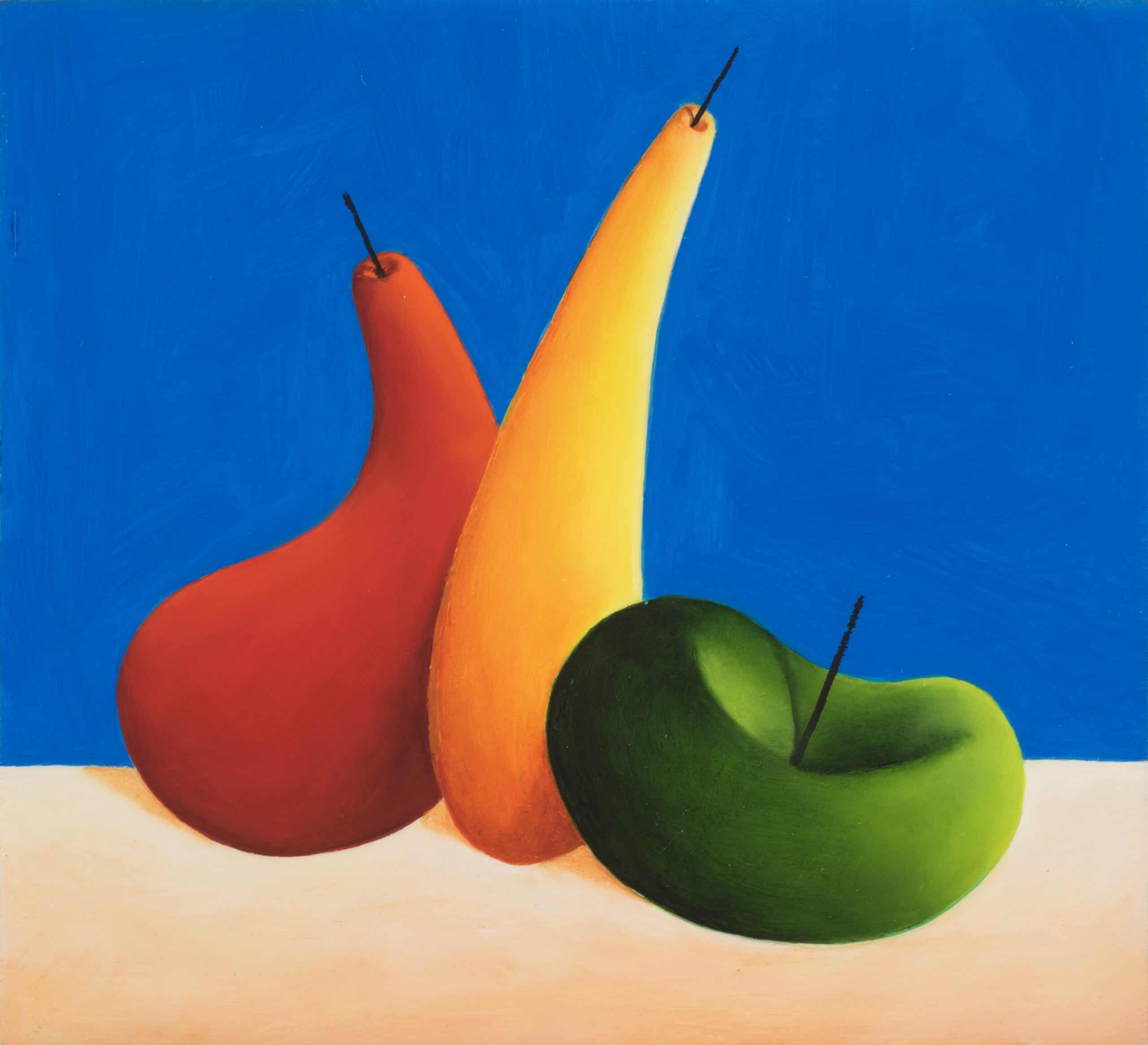 A red and yellow pear and a green apple on a beige surface with a blue background
