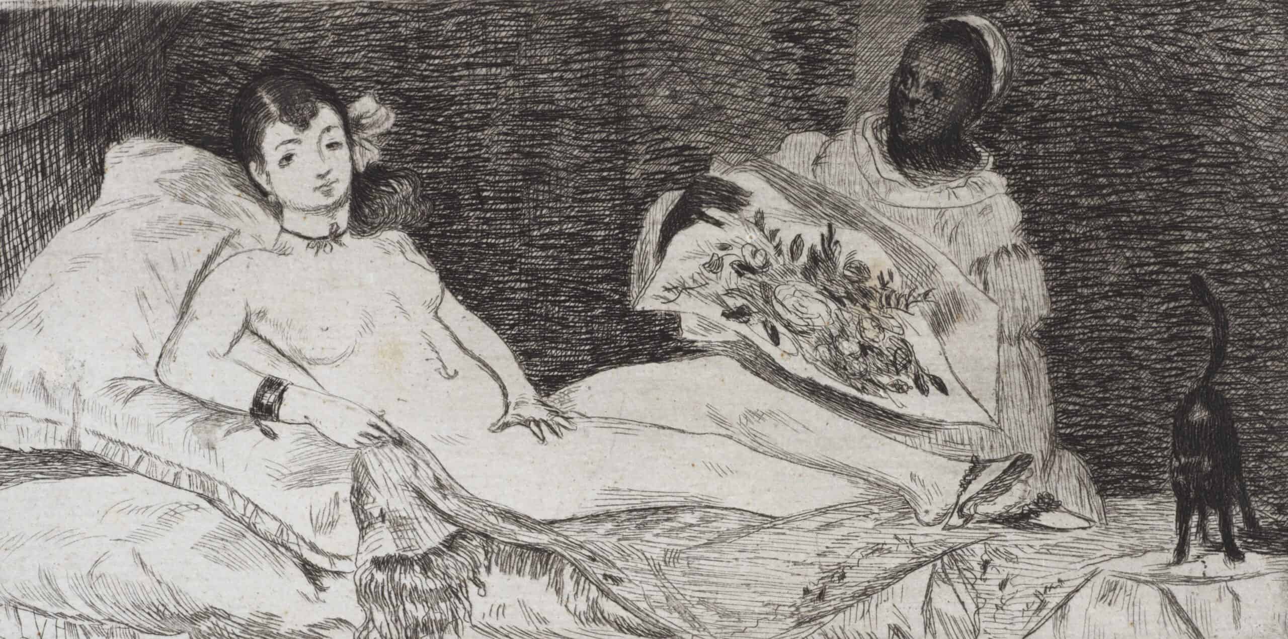 Etching of naked woman reclining with maid holding flowers