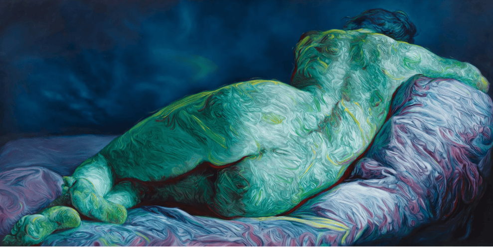 Painting of a nude person, their back facing the viewer. The painting is in bright blues and greens.