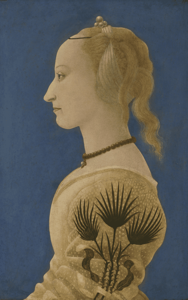 Portrait of a woman in Renaissance dress facing left, with blond hair and a yellow dress