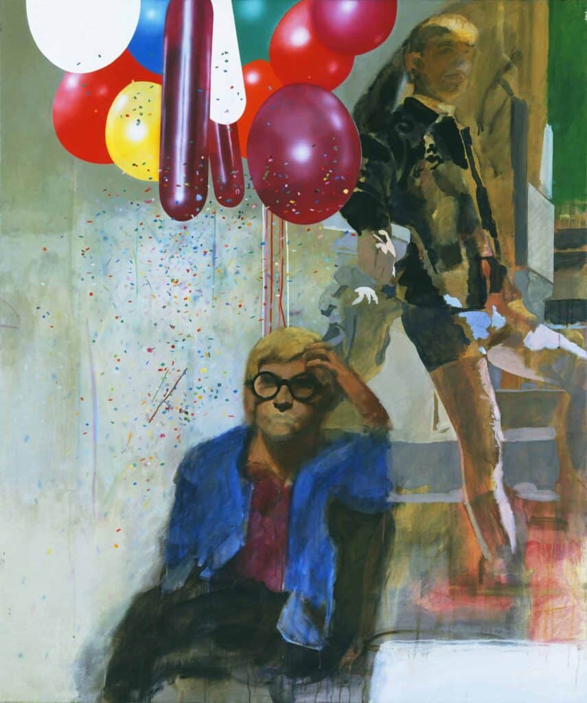 Man with glasses and blond hair sitting slumped in front of a group of balloons above his head