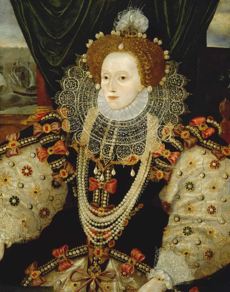 An Old Master painting of the head and shoulders of Elizabeth the first with red hair, a white face and very sumptuous clothing