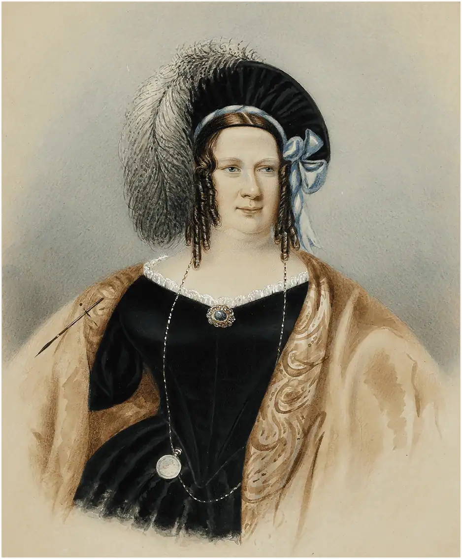 Image of a lady sitting with a feather in her hat and a large beige cloak over a black dress