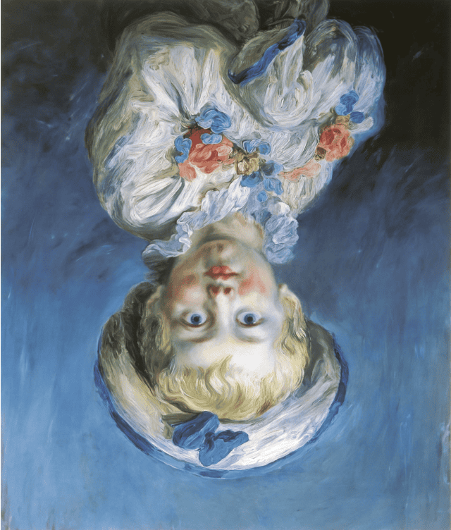 Painting of a young child upside down against a blue background.