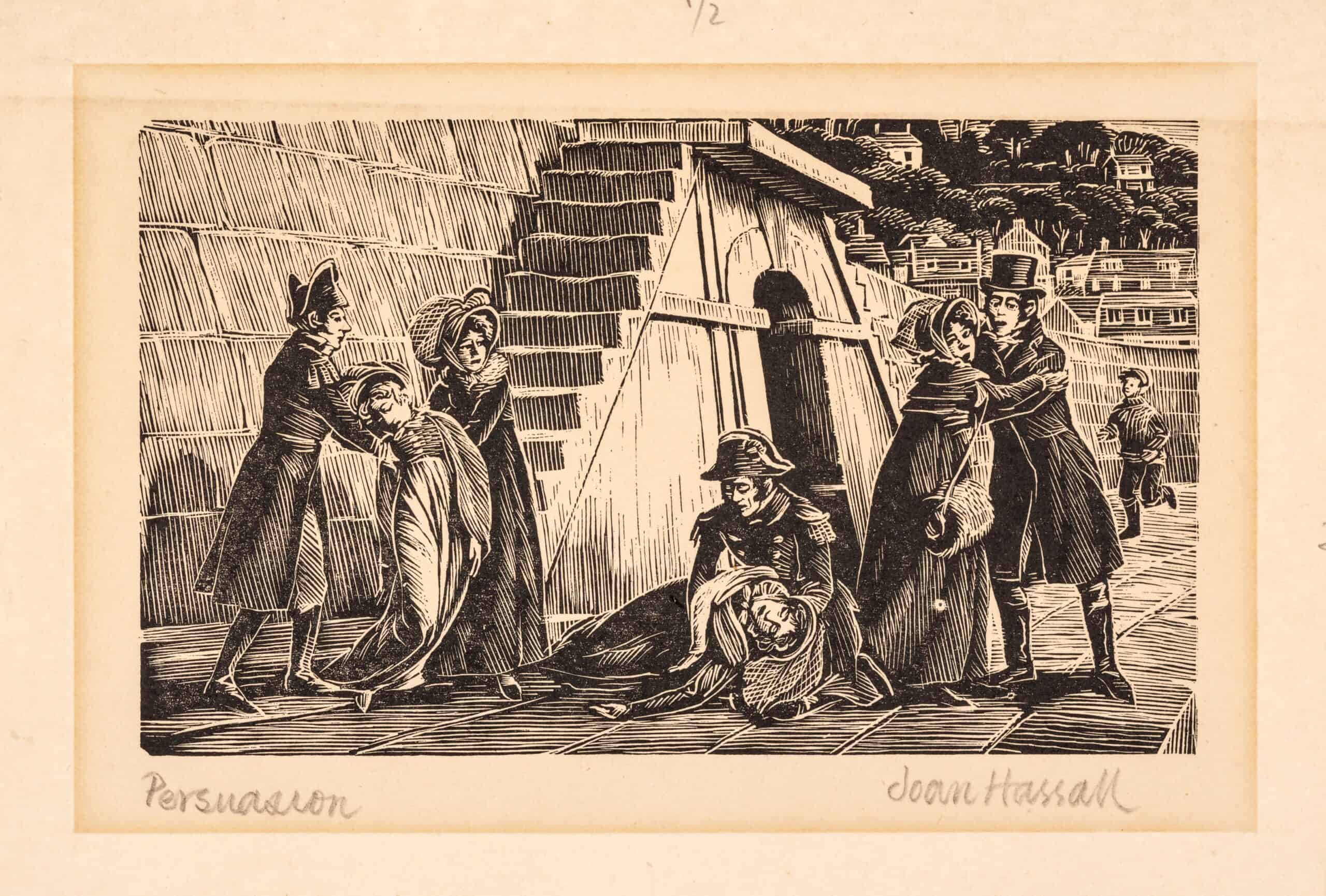 An engraving by Joan Haskell from Austen's novel Persuasion where Louisa falls off the wall in Lyme Regis and is on the ground