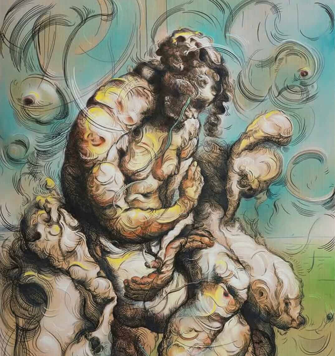 Painting by Glenn Brown showing a figure in distorted pale lines and tones