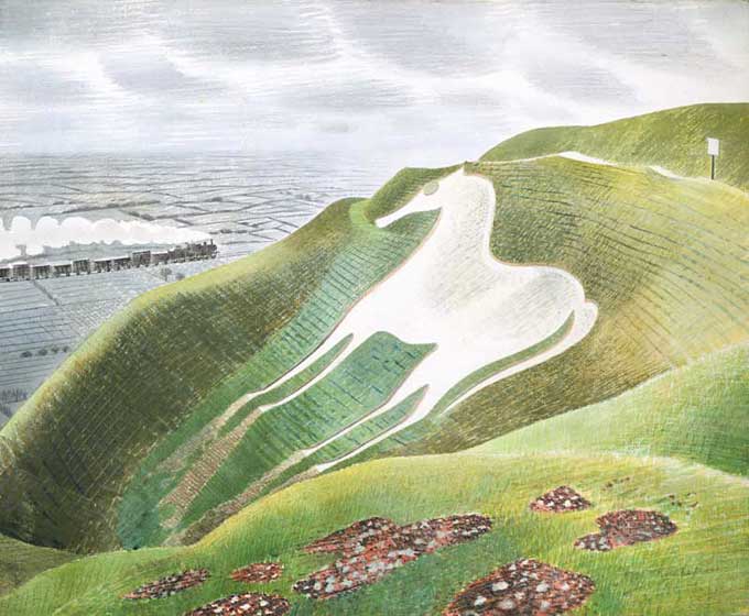 Painting showing a white chalk horse on a green hillside, with the sea in the distance