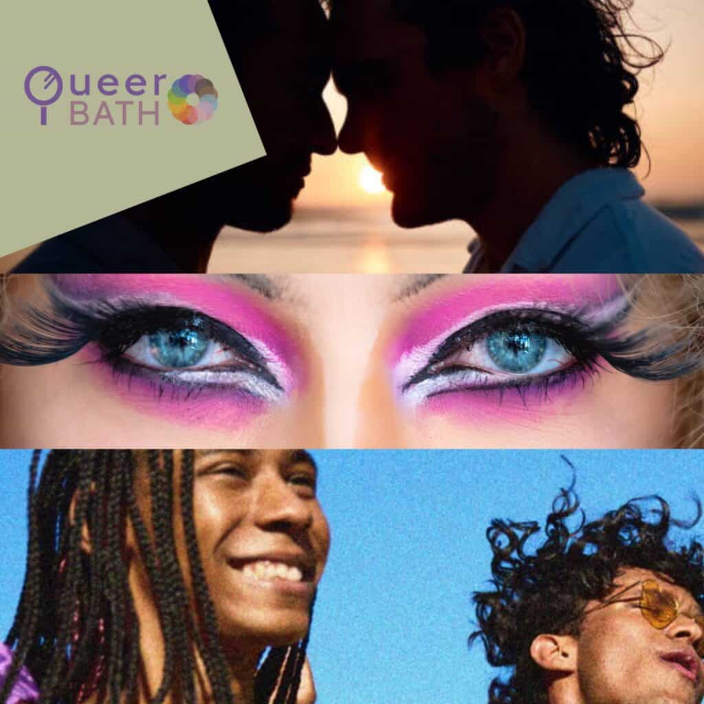 Three bands showing different faces, with the Queer Bath logo top lef