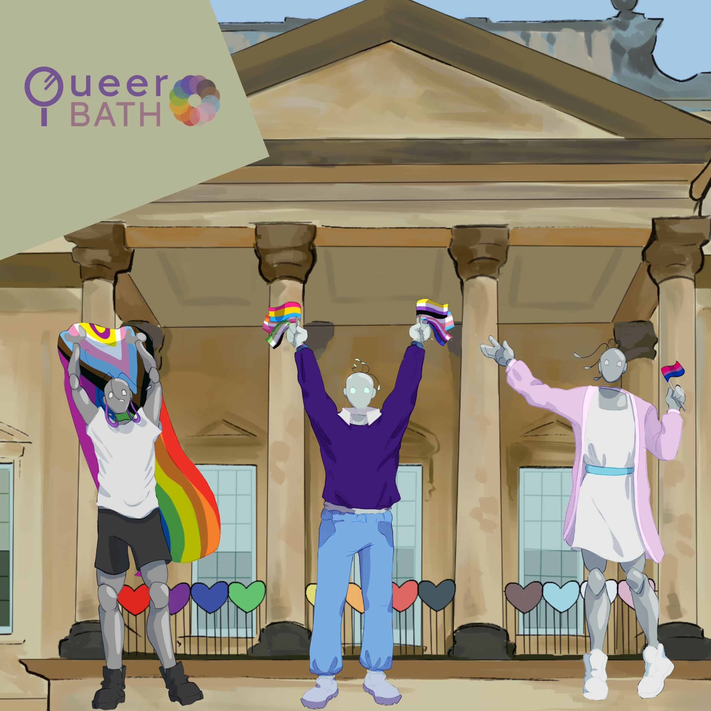 Cartoon people holding up rainbow banners in front of the Holburne museum