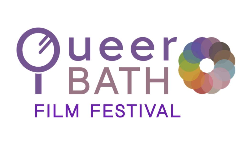 Queer Bath Film Festival wording next to a swirl of colours