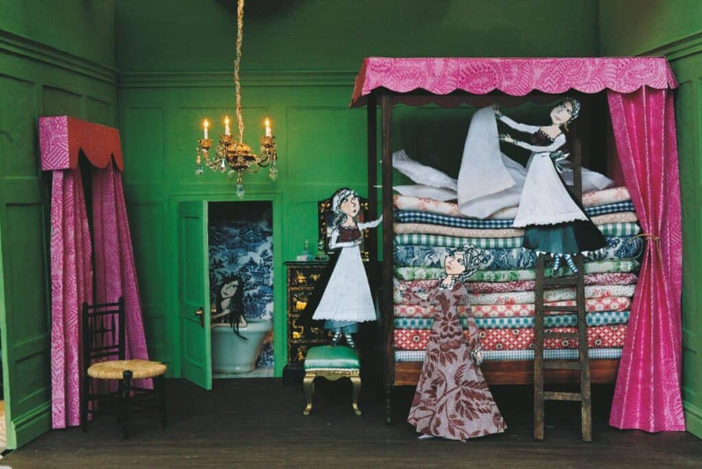 Illustration by Lauren Child showing maids setting up a bed on a pile of mattresses