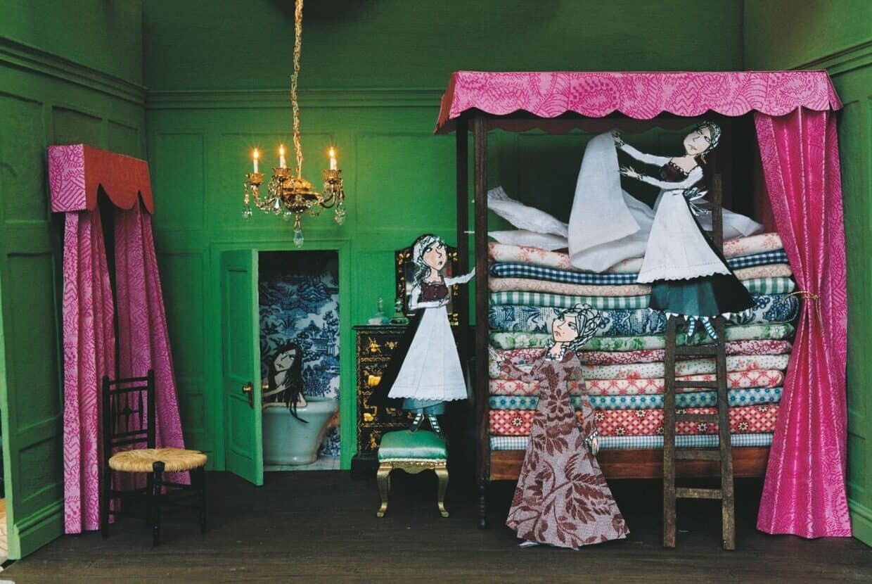 Illustration by Lauren Child showing maids setting up a bed on a pile of mattresses