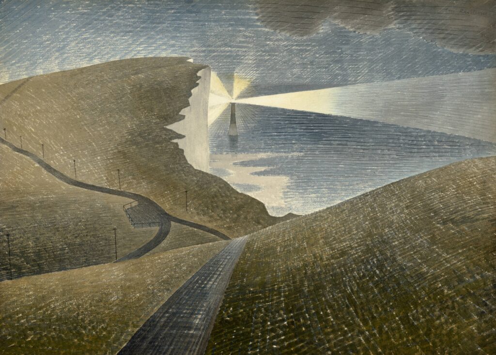 Image of rolling hills leading to white cliffs, with a lighthouse shining through grey skies and sea