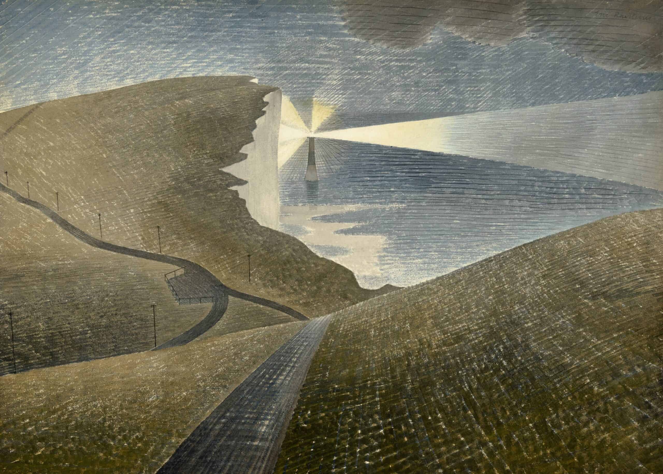 Image of rolling hills leading to white cliffs, with a lighthouse shining through grey skies and sea