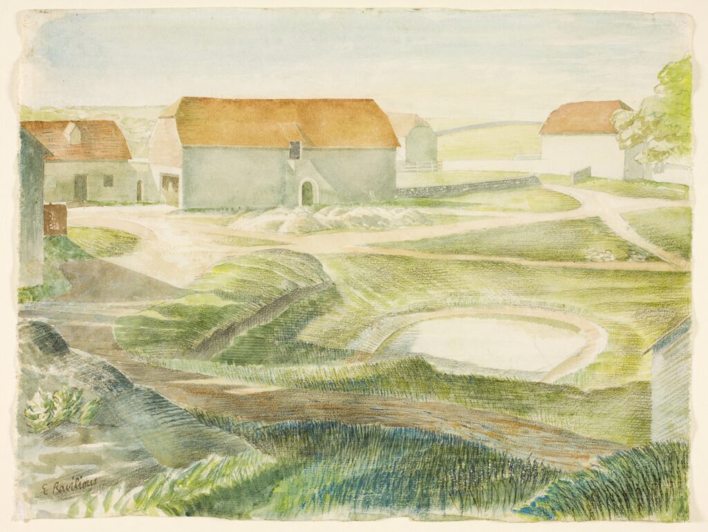 Landscape scene in pale greens and yellows, showing farm buildings with a pond in front