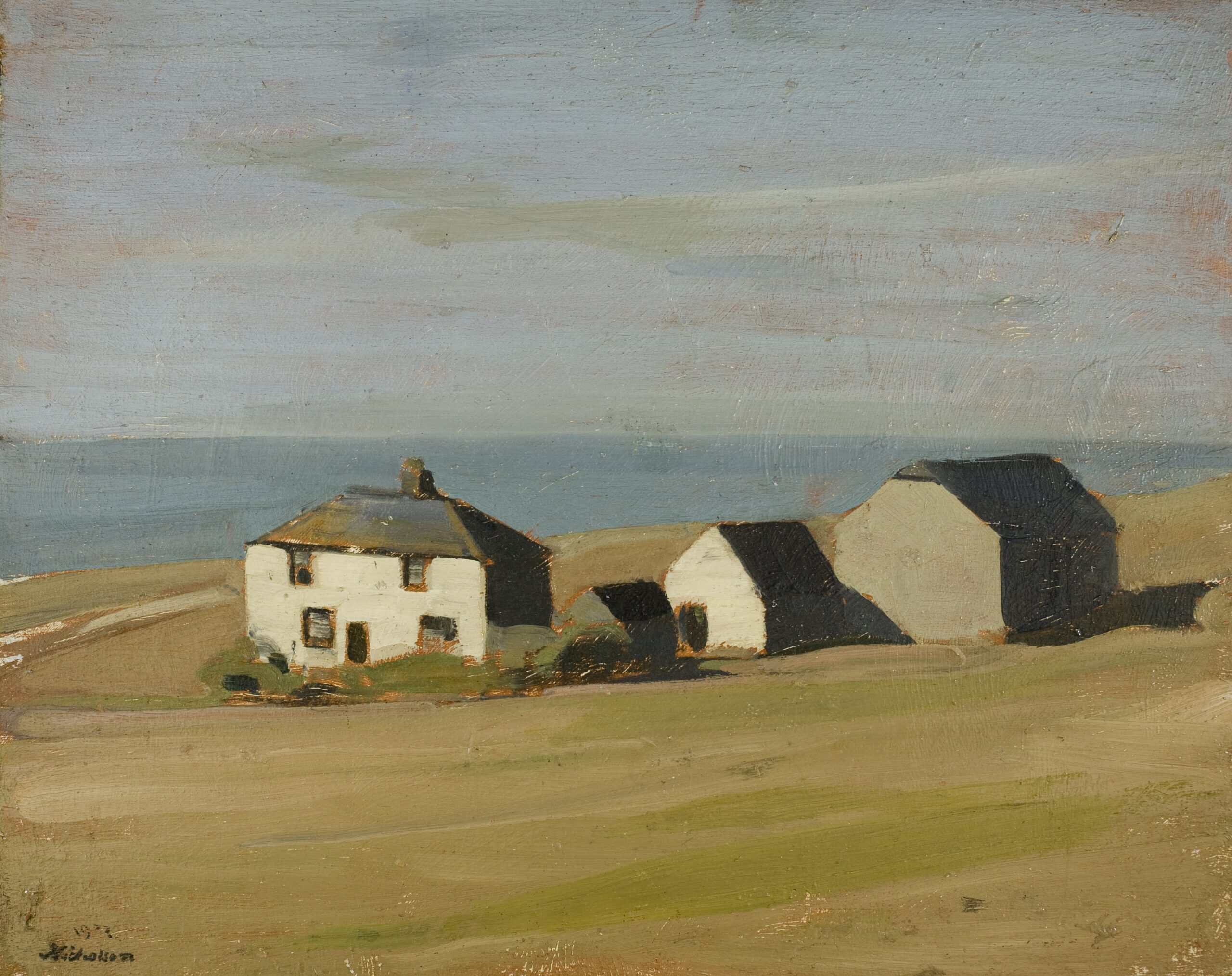 Painting of a coastal scene with farm buildings on top of a hill, with the sea visible behind, and clear blue skies above