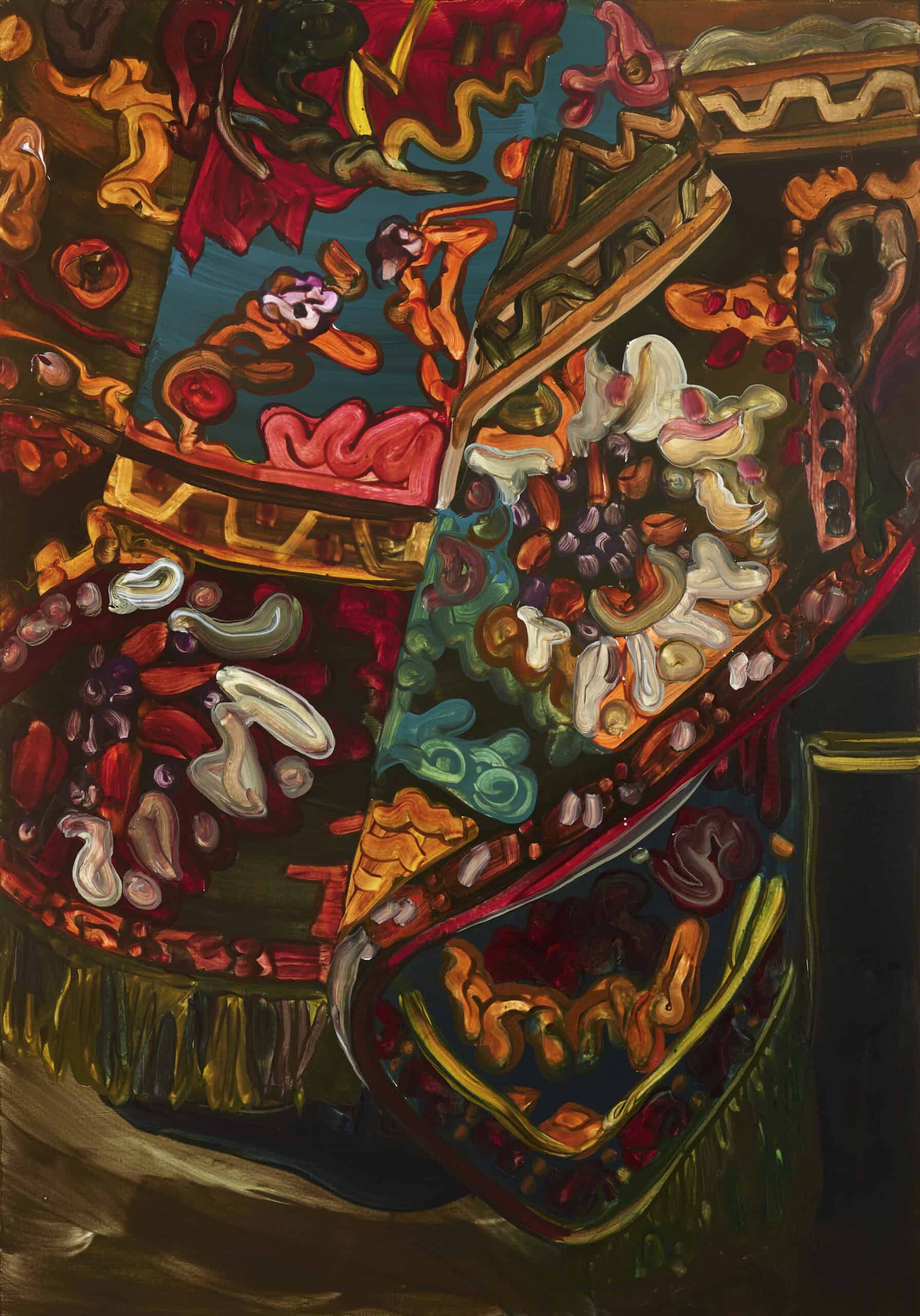 Painting showing rich red textiles