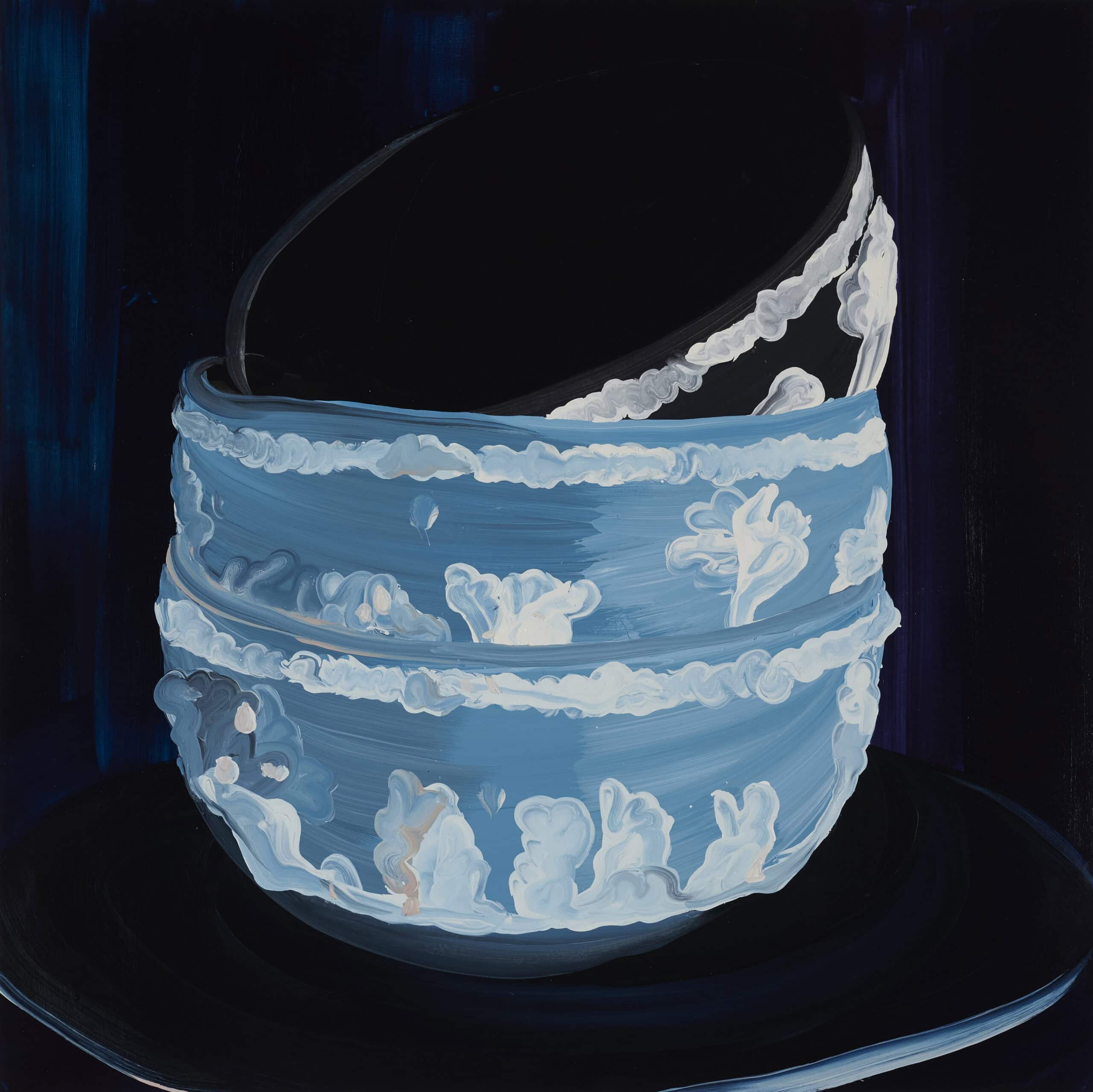 Painting showing a blue ceramic Wedgwood style container against a dark background