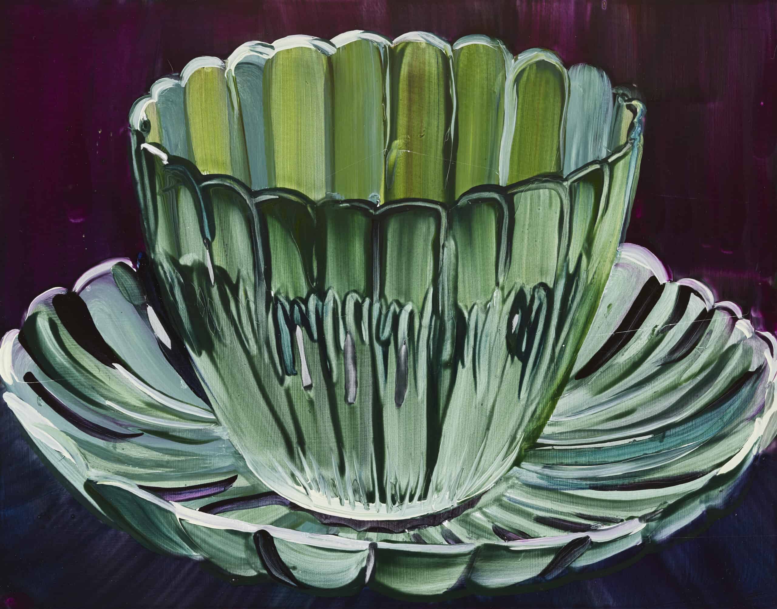 Painting showing a scalloped cup in green paint against a dark background